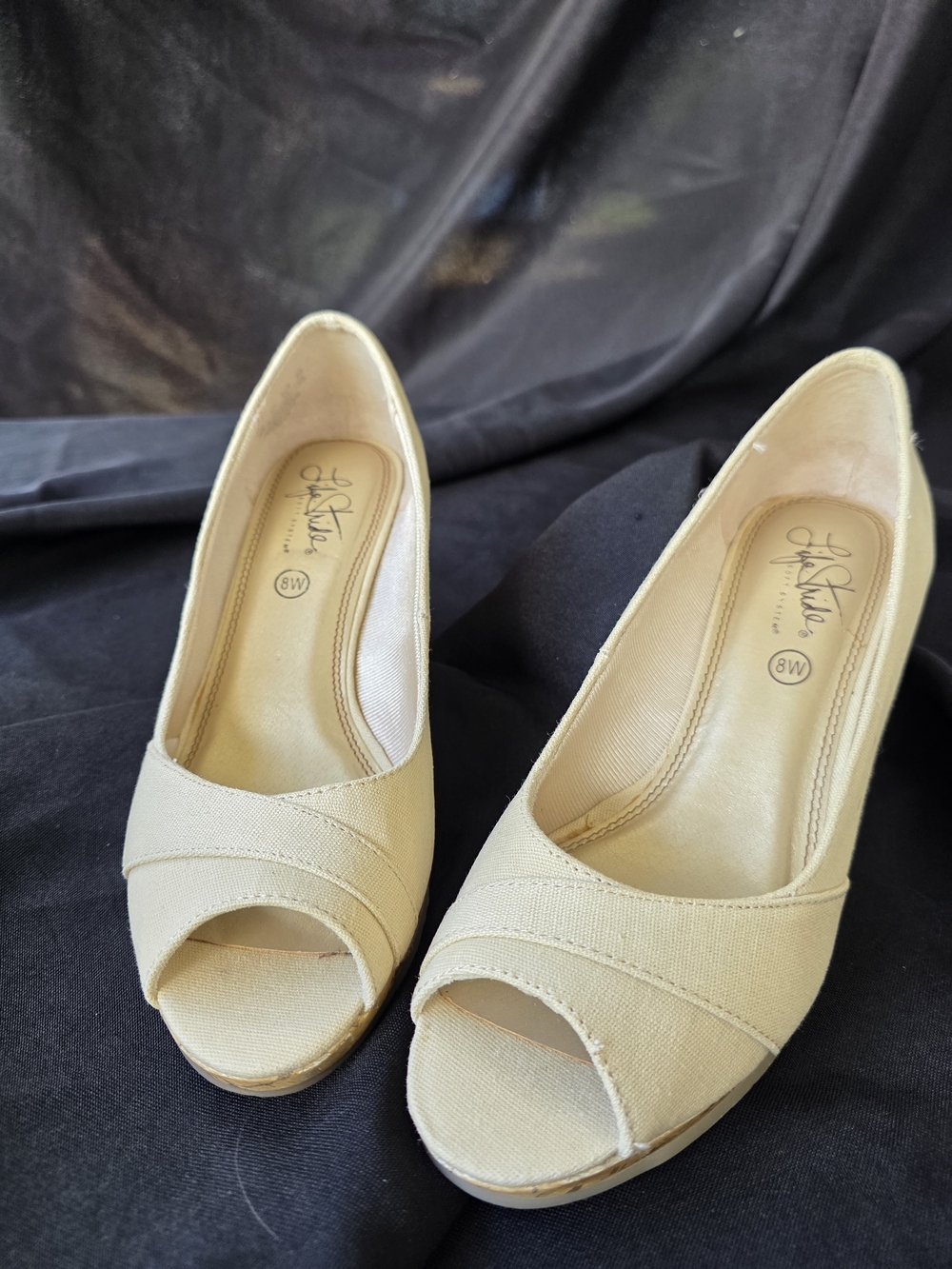 Life Stride Beige Open-Toe Wedge Heels